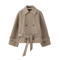 Women Grid Jackets Coat Stand Neck Single Breasted Waist-cinching Drawstring Jackets Female Spring Chic Casual Daily Outwears