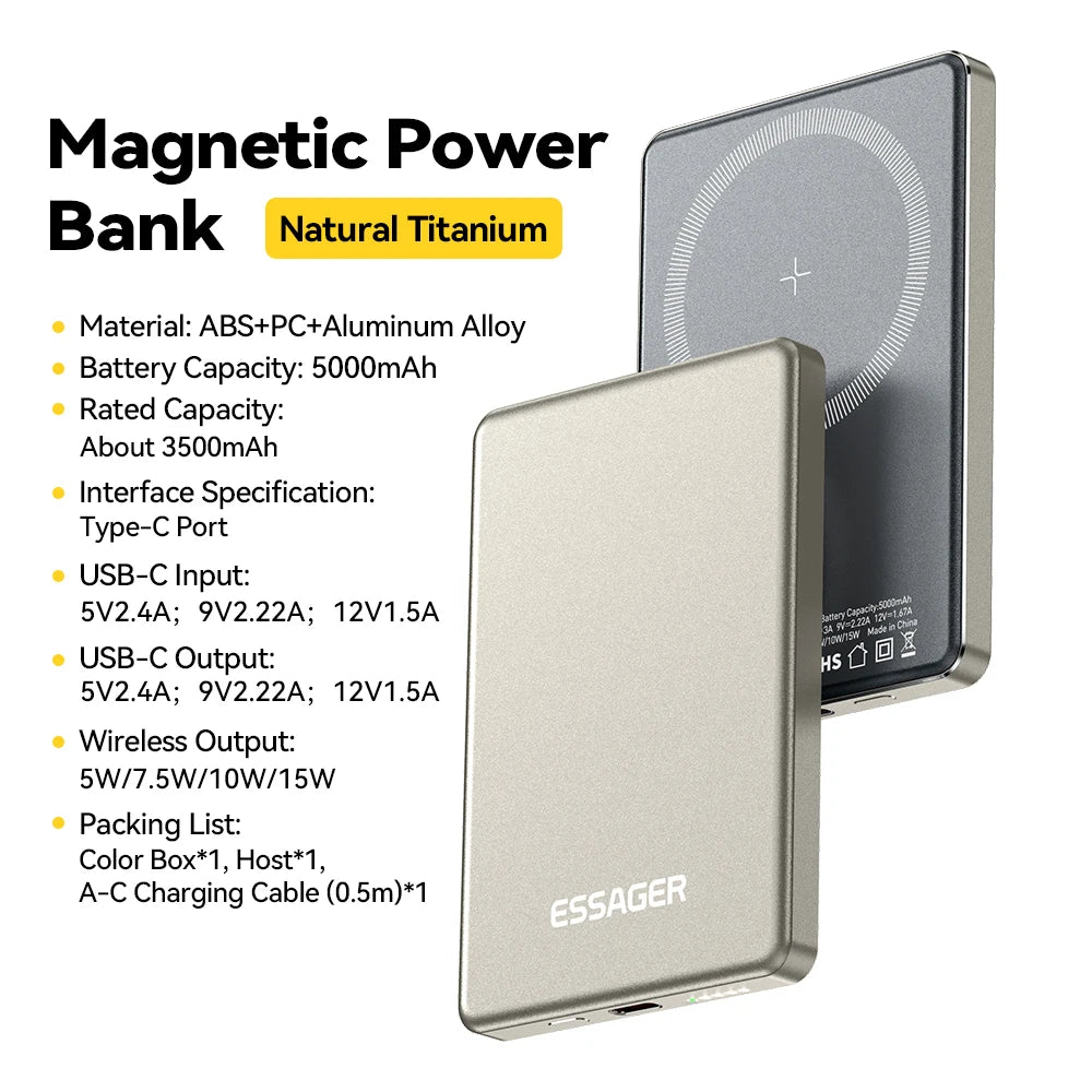 Essager Thin Wireless Power Bank 5000mAh 20W Fast Charging Portable External Battery Magnetic Magsafe Compatible for iPhone 1716