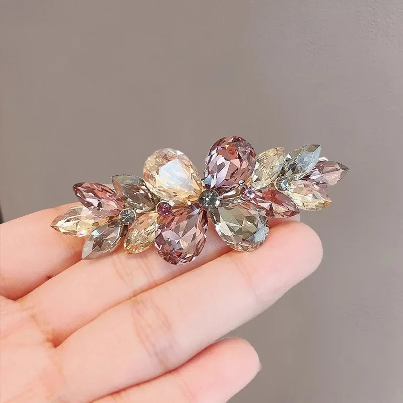 Luxury Colorful Crystal Folower Hairpin Spring Clip High-end Women's Back of Head Half-tied Hair Clip France Hair Accessories