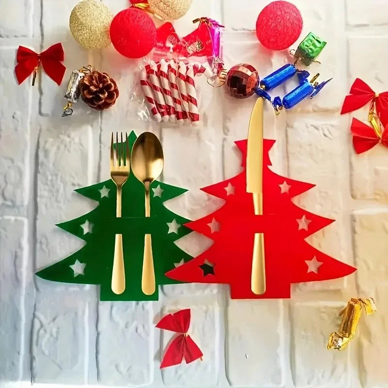 12Pcs Christmas Tree Shaped Felt Cutlery Mats With Stars Decor Durable For Home Christmas Festive Party Table Decor Accessories