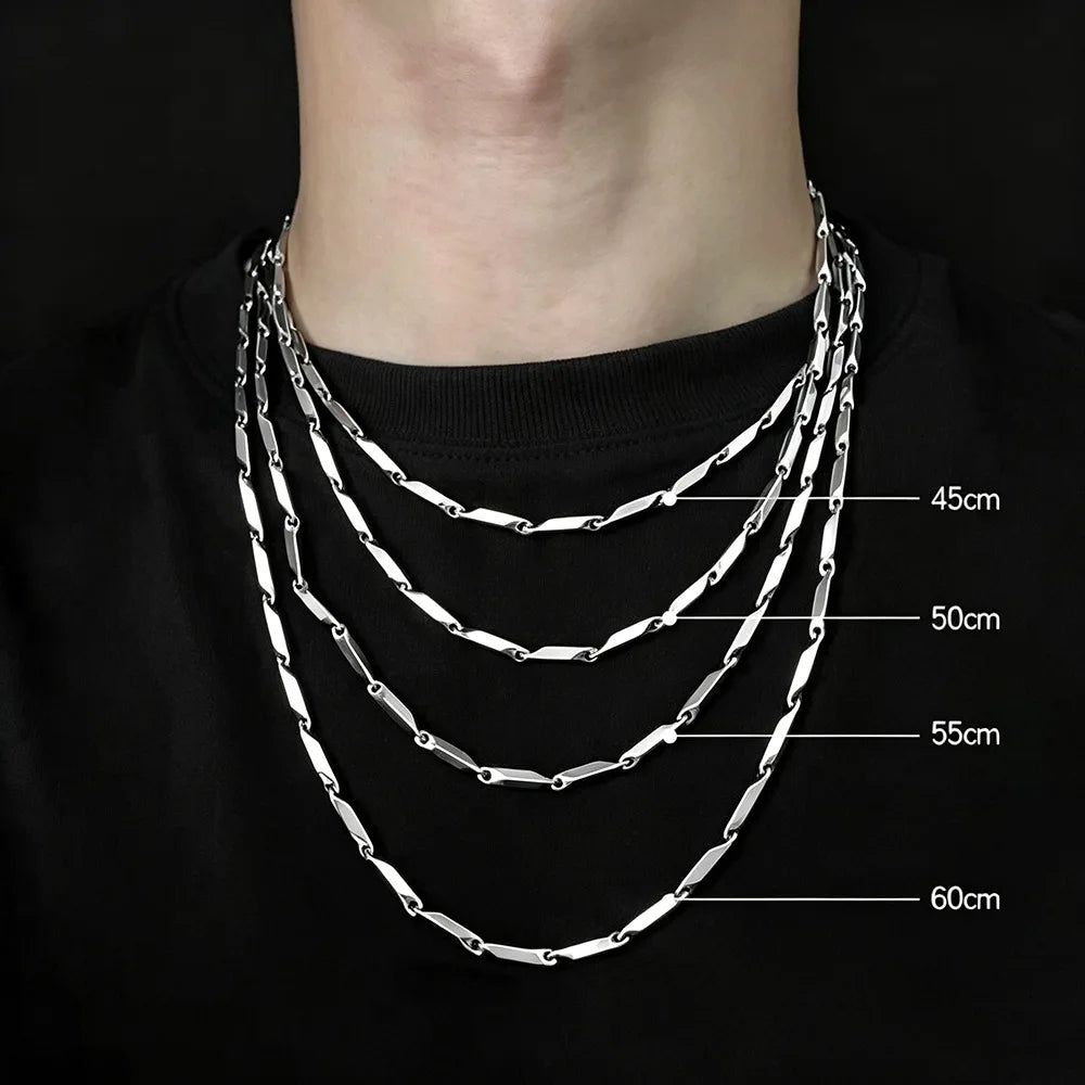 HNSP 316L Stainless Steel Men Necklace Bamboo Rice Bead Chain Silver Color Waterproof Simple Link Chain For Men Women Jewelry