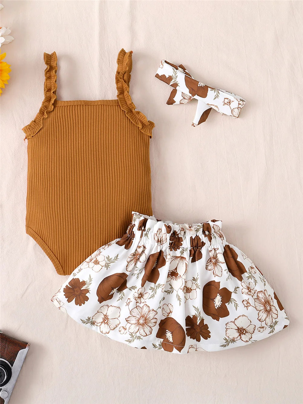 3PCS Clothes Set for Baby Girl 3-18 Months Sleeveless Solid Bodysuit+Floral Skirt+Headband Summer Infant Girl Casual Outfit Suit
