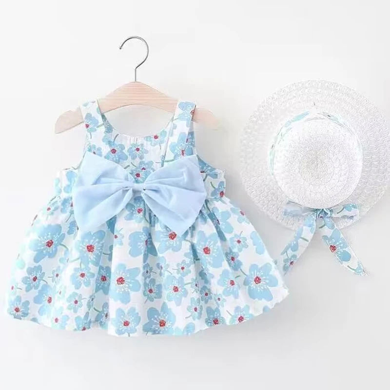 0-3-Year-Old Baby Clothes Summer Seaside Vacation Children's Dress Floral Sleeveless Bow Girl Princess Dress+Hat