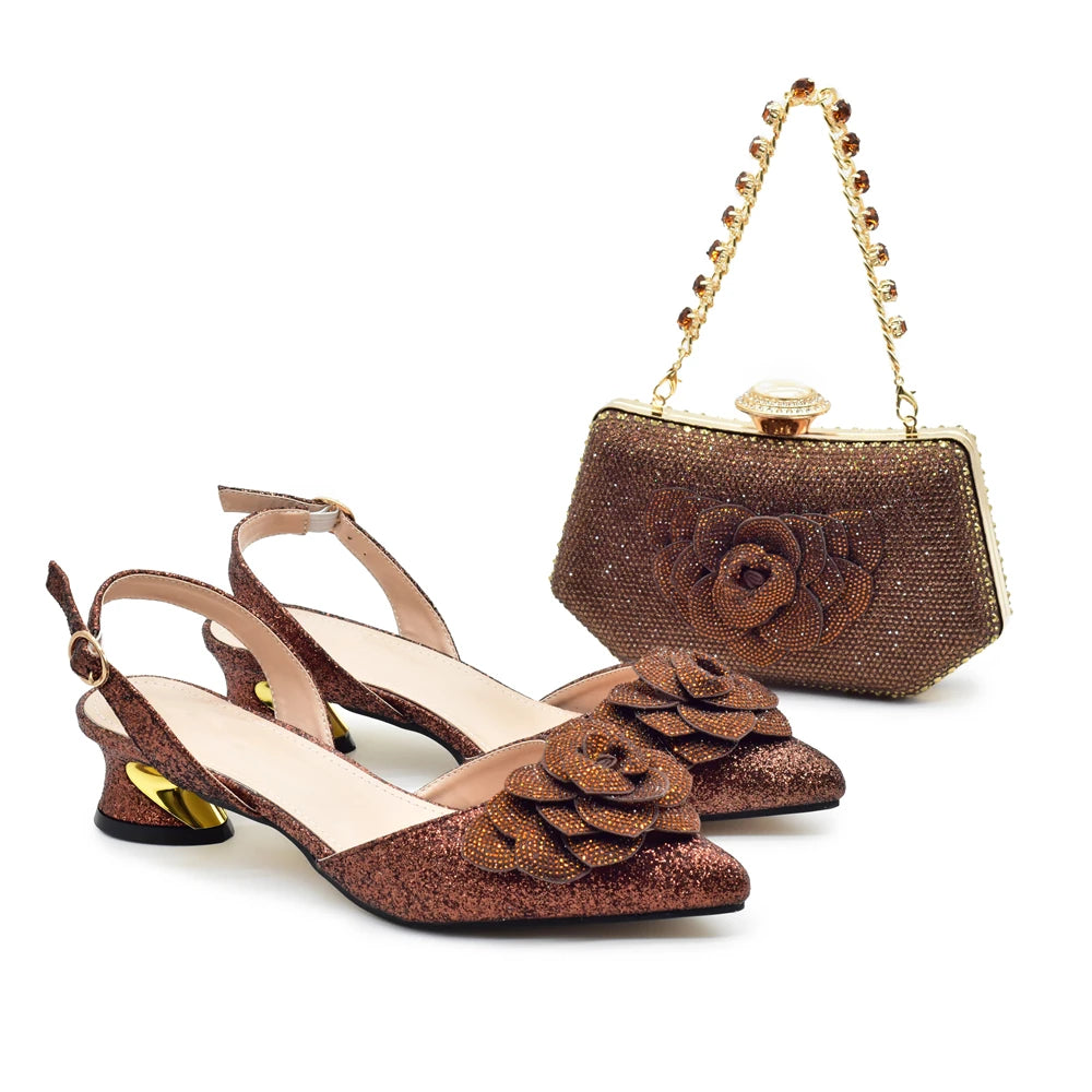 Fashion Nigerian Women Heel Party Ladies Italian Design Green Shoes and Bag Set Decorated with Rhinestone Handbag Wedding Party