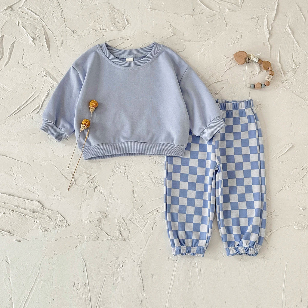 Autumn Fashion Newborn Baby Boys Girls Clothes Comfort Outfit Solid Color Long Sleeves Top+Chessboard Pattern Pants 2Pcs/set