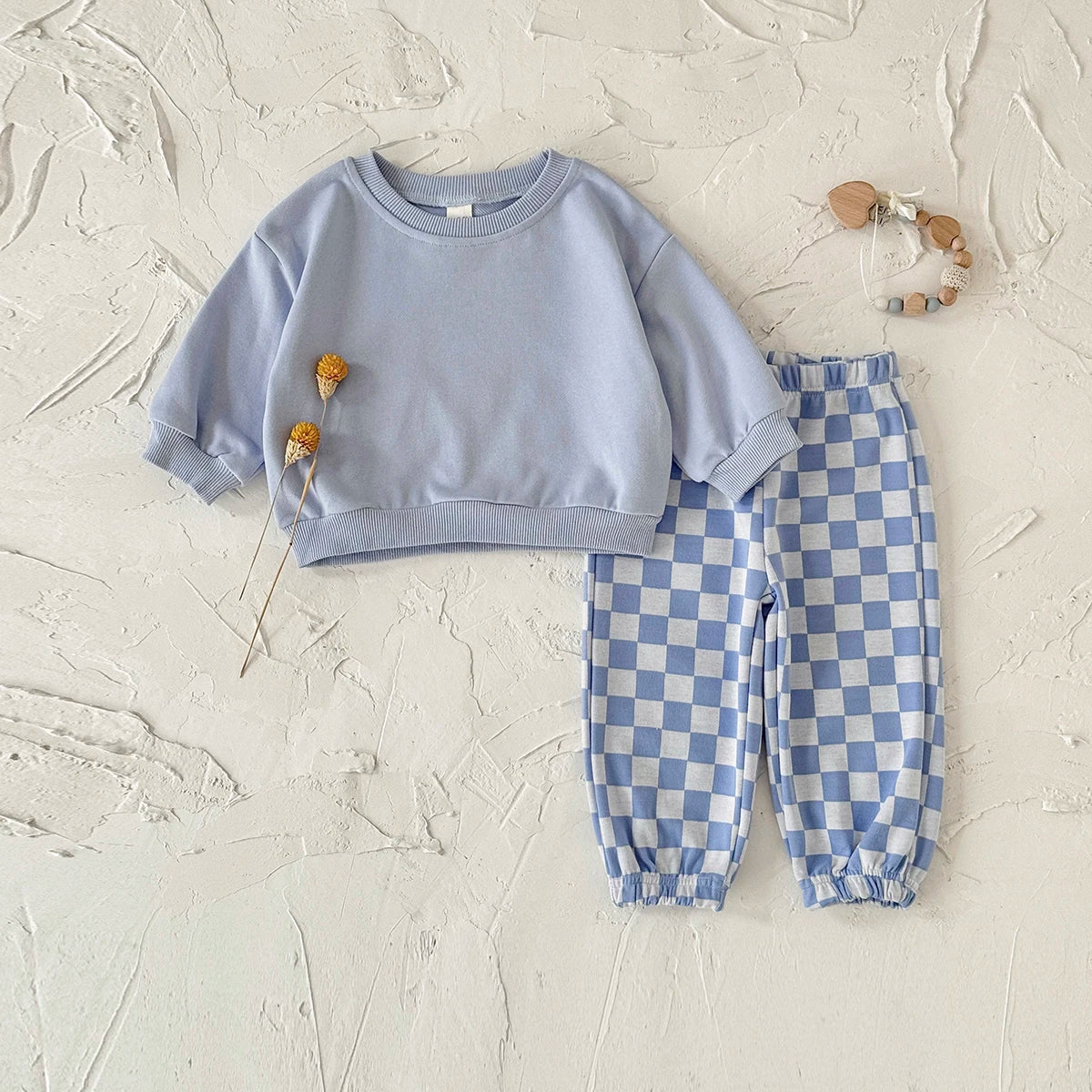 Autumn Fashion Newborn Baby Boys Girls Clothes Comfort Outfit Solid Color Long Sleeves Top+Chessboard Pattern Pants 2Pcs/set