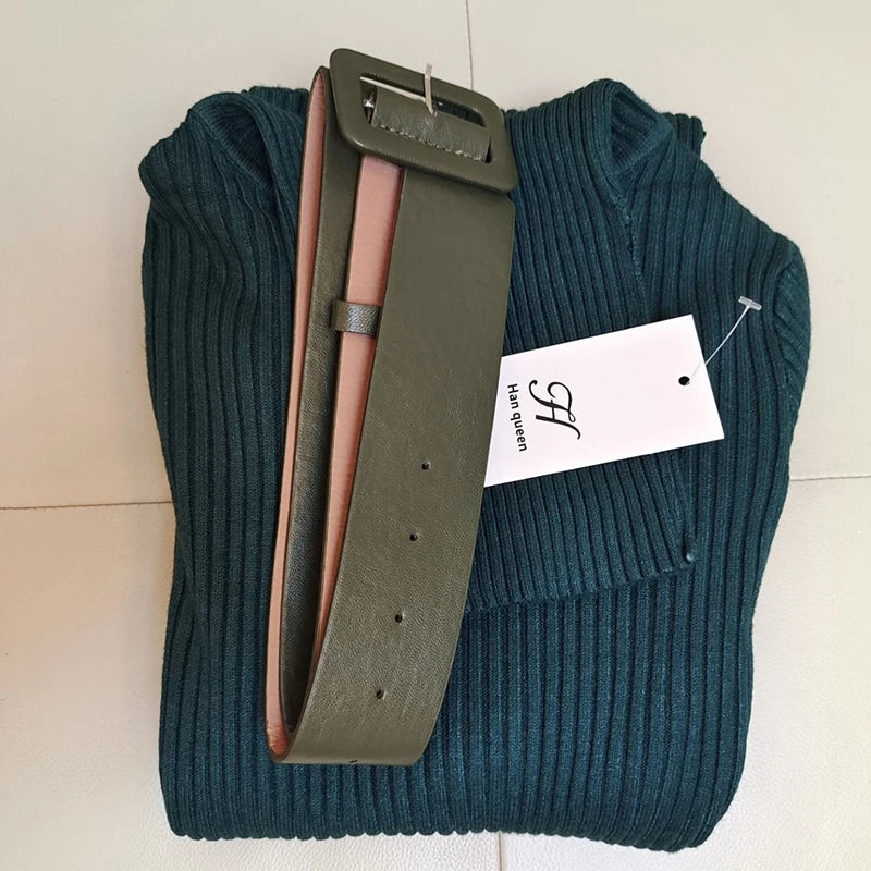 H Han Queen Knitted Turtleneck Sweater Bodycon Dress Bottoming Women Soft Elastic Autumn Winter Midi Party Dresses With Belt