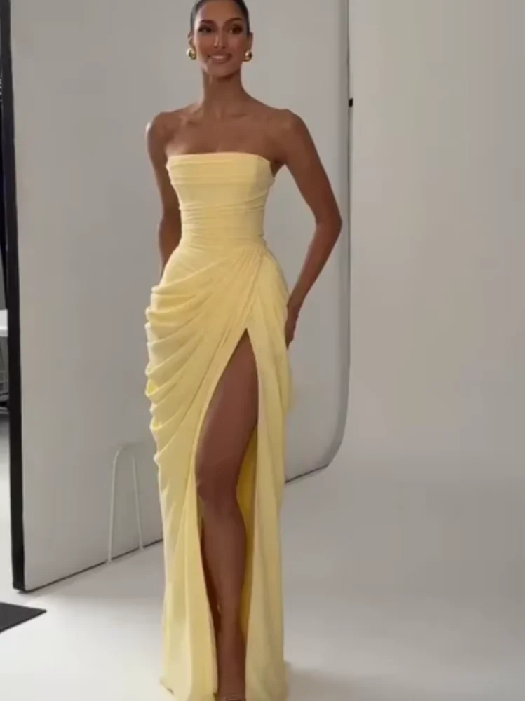 Elegant Yellow Strapless Pleated Long Dress Women Chic Solid Sleeveless Waist Cinching Split Gown 2026 Lady Evening Party Robes