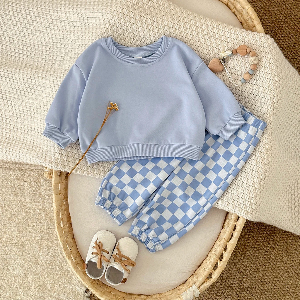 Autumn Fashion Newborn Baby Boys Girls Clothes Comfort Outfit Solid Color Long Sleeves Top+Chessboard Pattern Pants 2Pcs/set