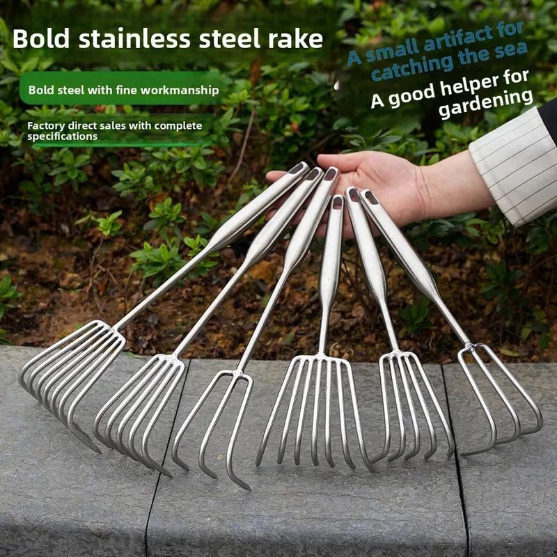 Stainless Steel Small Rake with Integrated Steel Handle Multi-claw Soil Rake for Garden Soil Loosening & Raking Tool