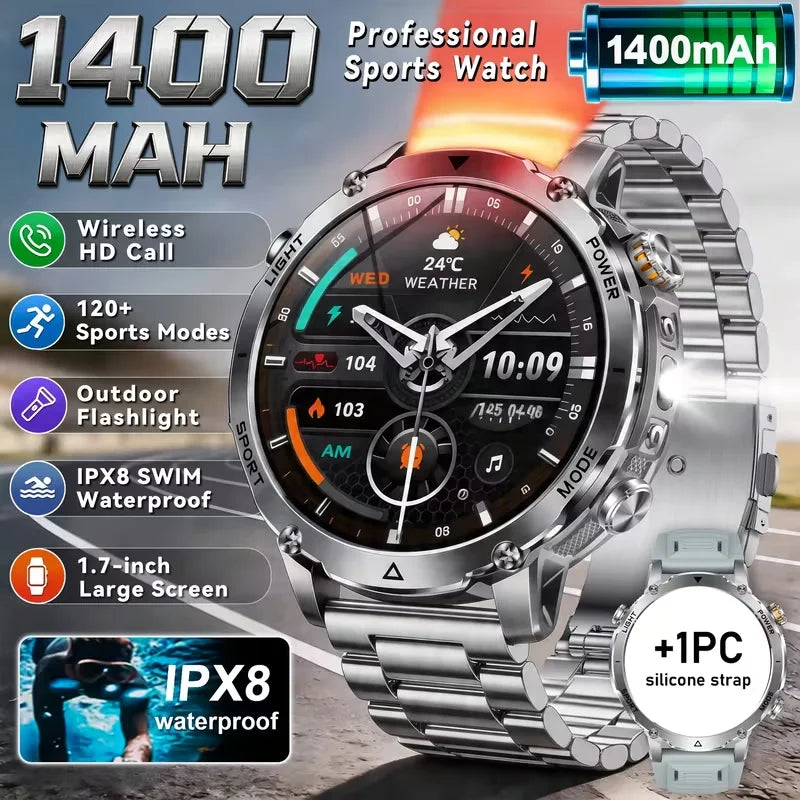 2026 Men SportsWatch, 1.7' Round HD Screen, 1400mAh, Dual LED (SOS Red+White), 120+ Sports, IPX8 Waterproof, Wireless Call, Gift