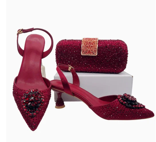 INSIGHTLINK Wine Color Rhinestone high heel shoes And Bag Fashion Style Pointed-Toe Shoes For Women Luxury Wedding Party Sandals