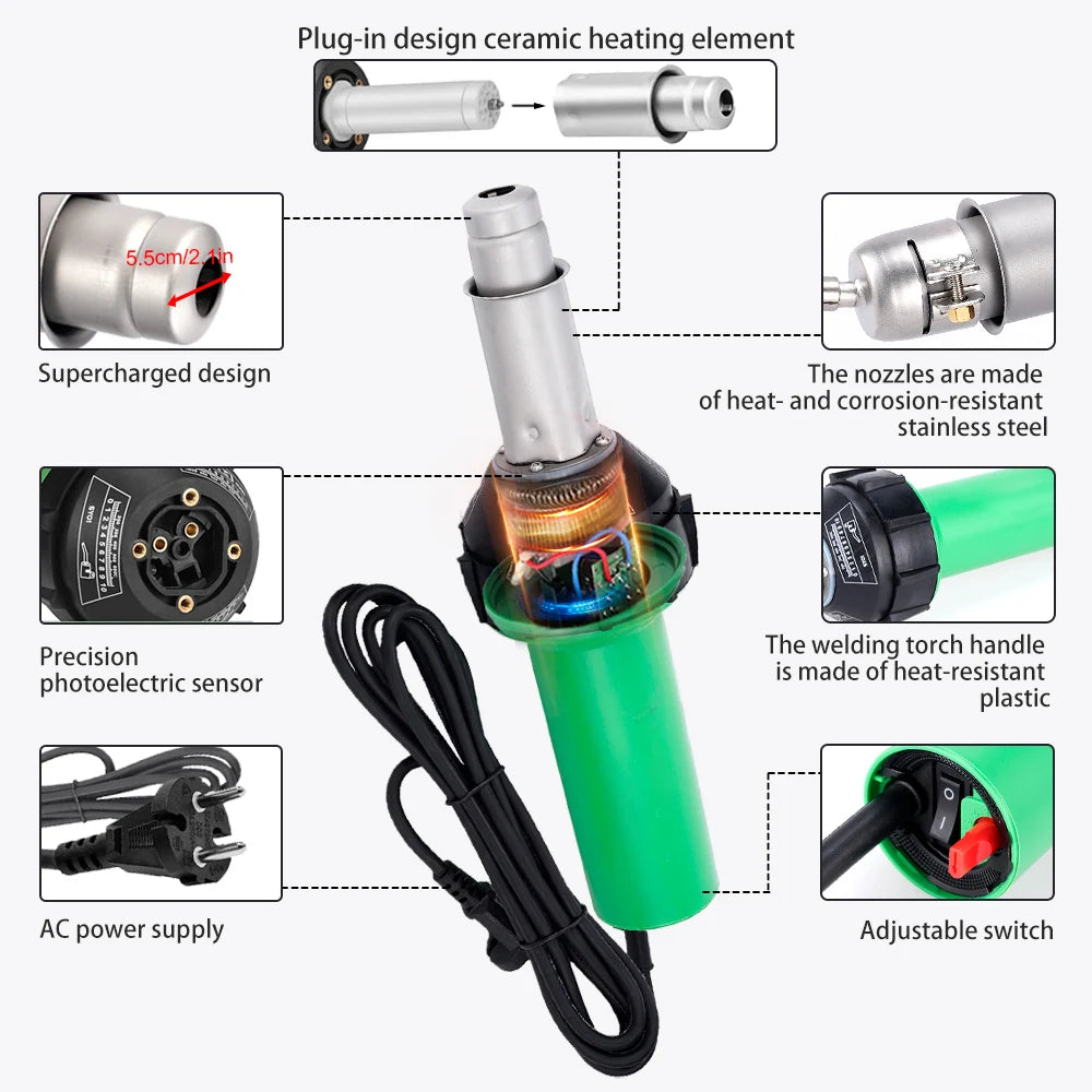 AC220V 1600W Plastic Welding Gun Machine Electric Hot Air Gun Plastic Welding Torch + Heating Core + Flat Head Accessories