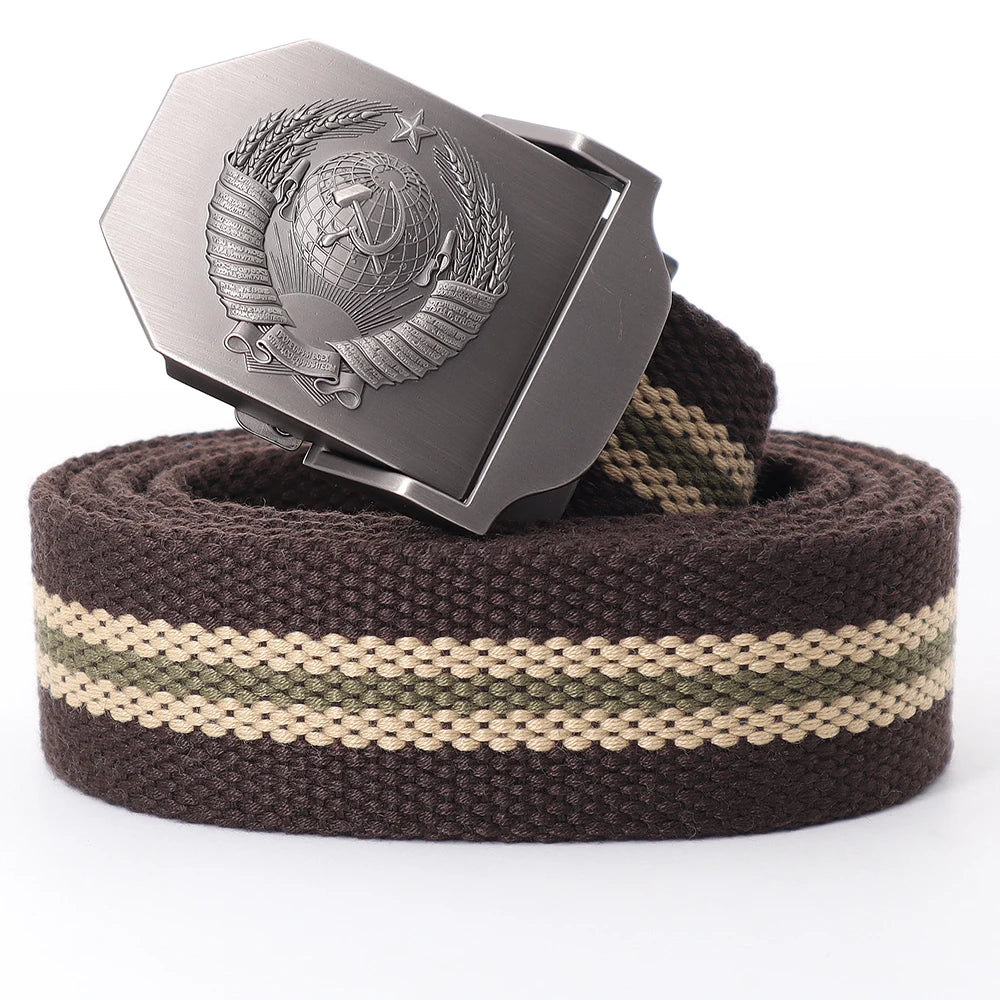 Mens Canvas Outdoor Tactical Army Belt 3D Soviet National Emblem Metal Buckle Unisex Jeans Belt for Men Military Training Belts