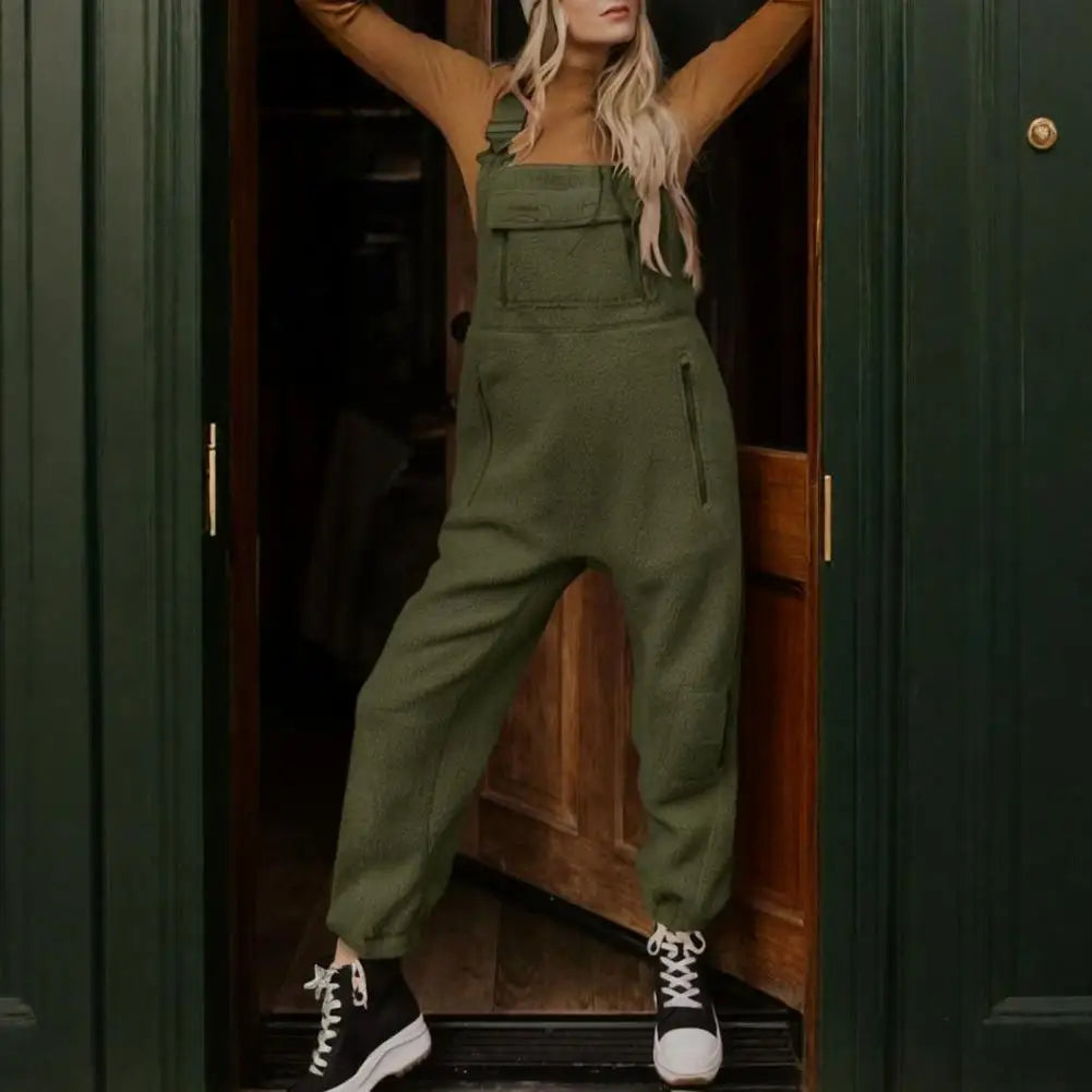 Fall Winter Women Jumpsuit Solid Color Plush Loose Overalls For Women One-piece Sleeveless Ankle-banded Cargo Outfit With Pocket