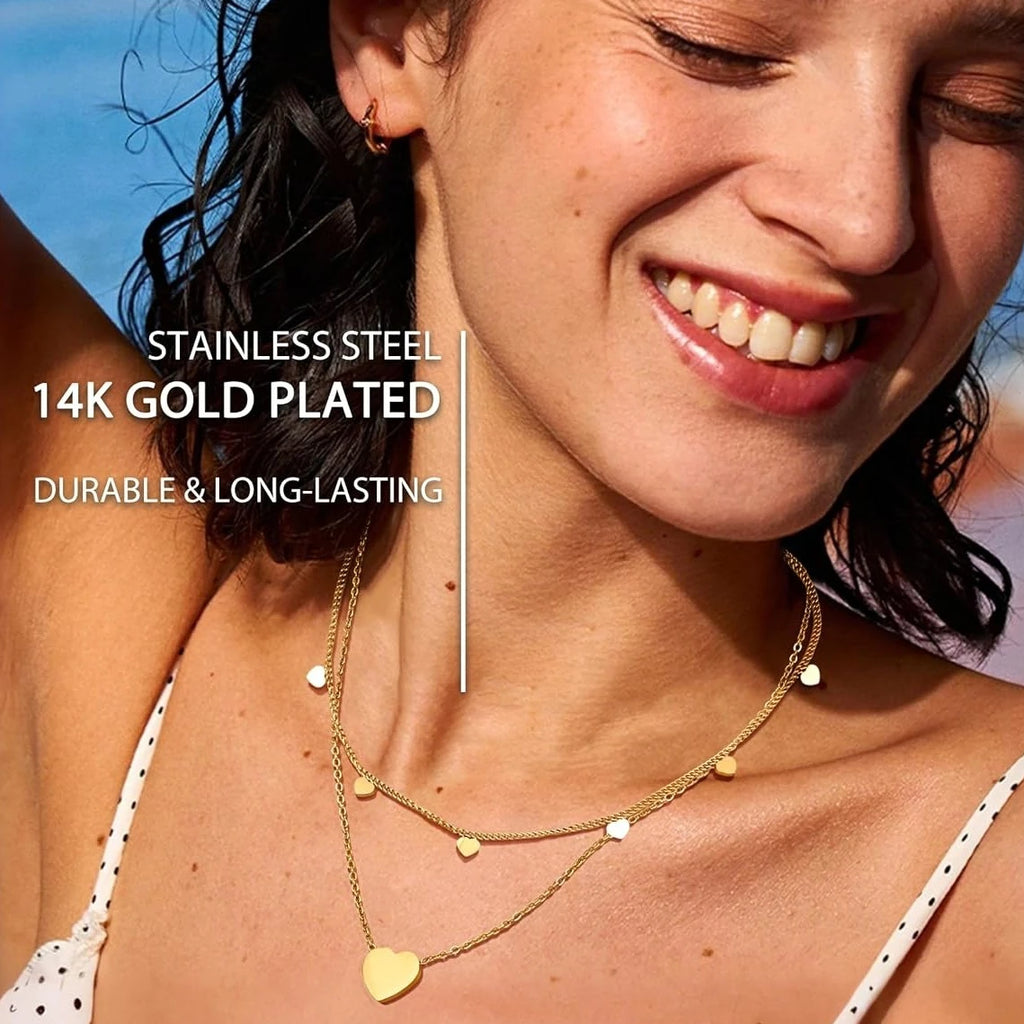 Bobisty 3Pcs Necklace for Women Stainless Steel Waterproof Chain Adjustable Layered Necklace Set Coin Heart Choker Jewelry Gift