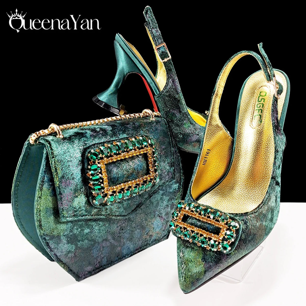 QSGFC Women High Heels Shoes for Women  Rhinestone Italian Designer Royal blue Color Pointed-Toe Shoes and Bags Set