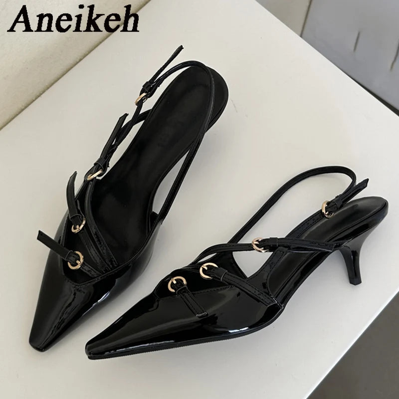 Aneikeh 2026 Designer Buckle Strap Narrow Band Pumps Women Sexy Pointed Toe Thin Heels Wedding Banquet Dress Mule Ladies Shoes