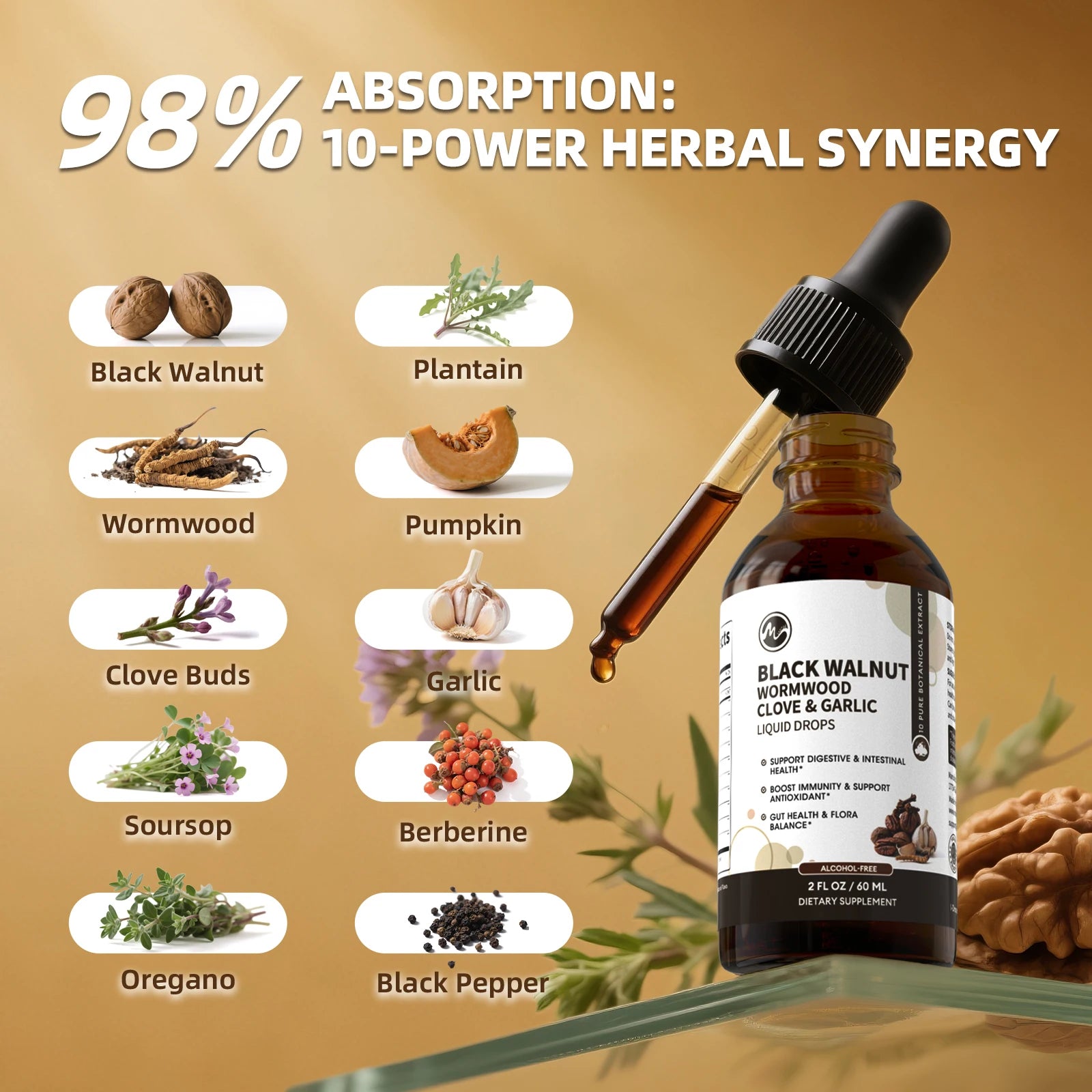 Black Walnut Drops Wormwood Tincture - with Clove, Berberine - Heart & Gentle Gut Cleanse & Digestive Health - Gut-Friendly