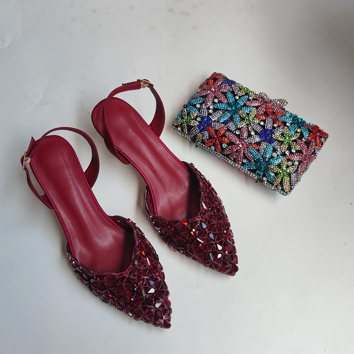 Insightlink Burgundy Rhinestone Slingback Heels Cocktail Glass Clutch Set Crystal Pointed Toe Shoes Bag for Party Wedding