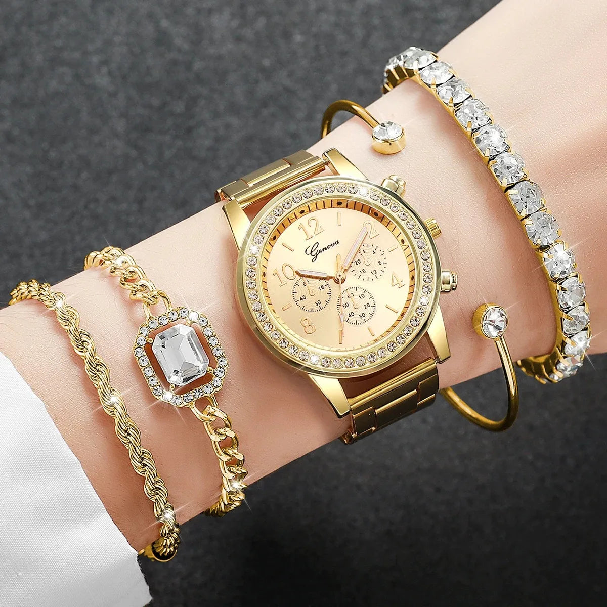 5PCS/Set Luxury Rhinestone Women Watches Ladies Arabic Dial Quartz Wristwatch Bracelet Set Reloj Mujer (Without Box)