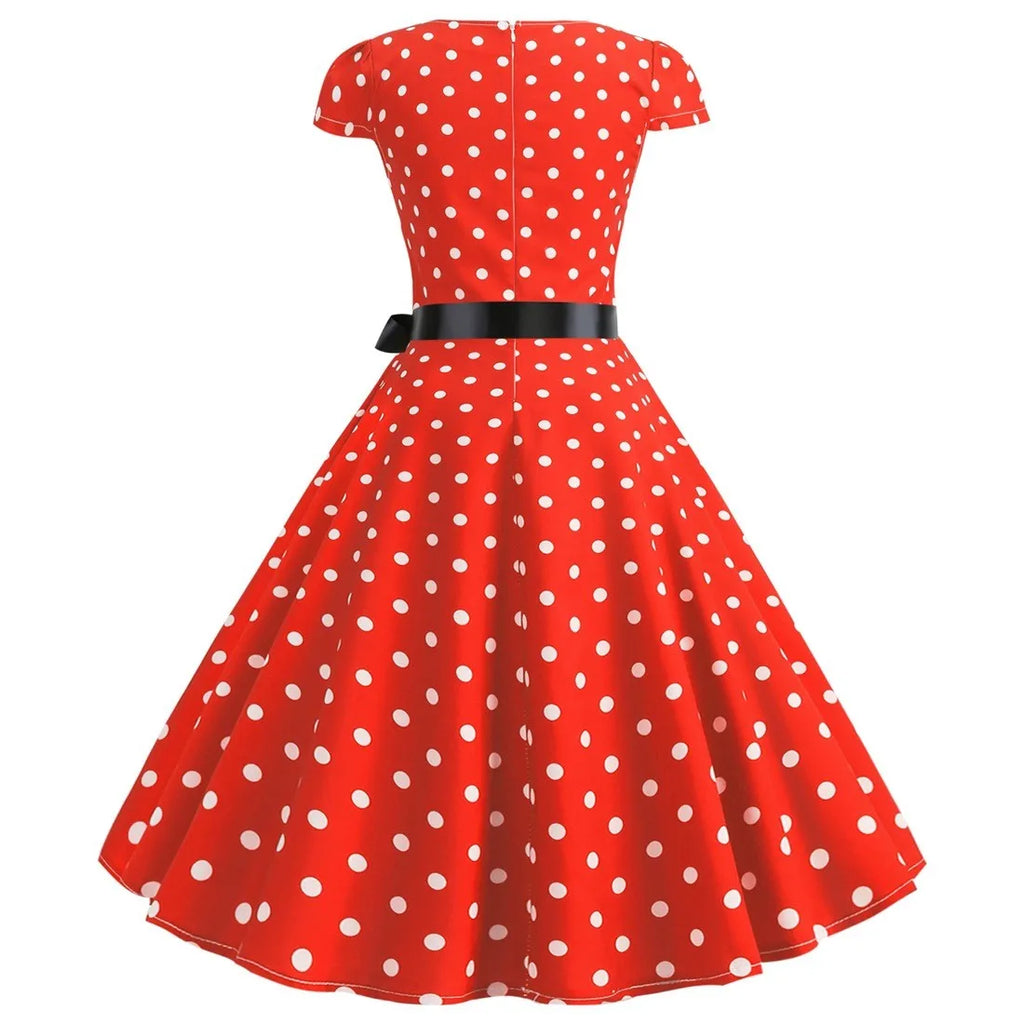 Vintage 1950s Retro Pleated Dress Short Sleeve Polka Dot Print Dress For Women Elegant Evening Party Gown Prom Swing Dresses