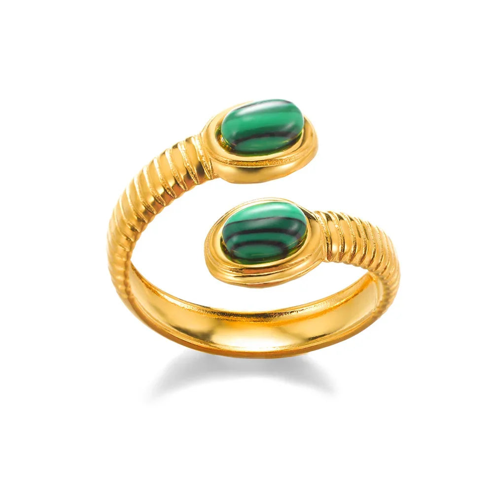 Luxury Stainless Steel Green Zircon Flower Rings For Women Snake Finger Ring Gold Plated Wedding Party Exquisite Jewelry New