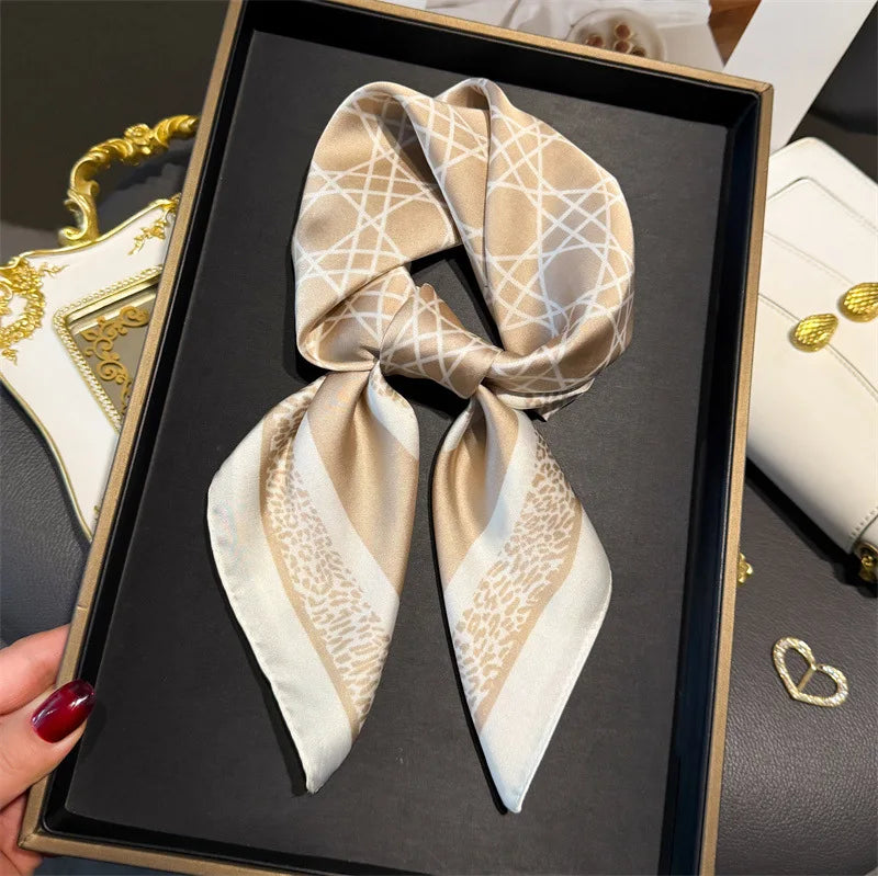 Elegant Geometric Striped Square Scarf for Women Satin Fashion Wraps Neckerchief Female Hair Bands Ribbon Headband Bandana
