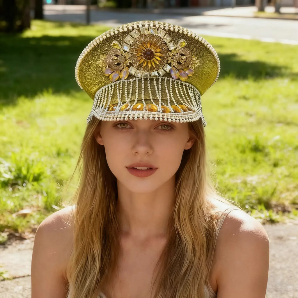 Luxury Festival Rhinestone Captain Hat Military Cap Sergeant Hat Hen Do Hat Mucis Festival Steampunk Caps Fashion Masquerade