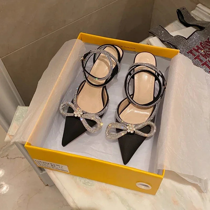 Aneikeh Spring/Autumn 2026 Women's Shoes Fashion Butterfly-Knot Narrow Band Bling Patchwork Cross-Tied Crystal Pointed Toe Pumps