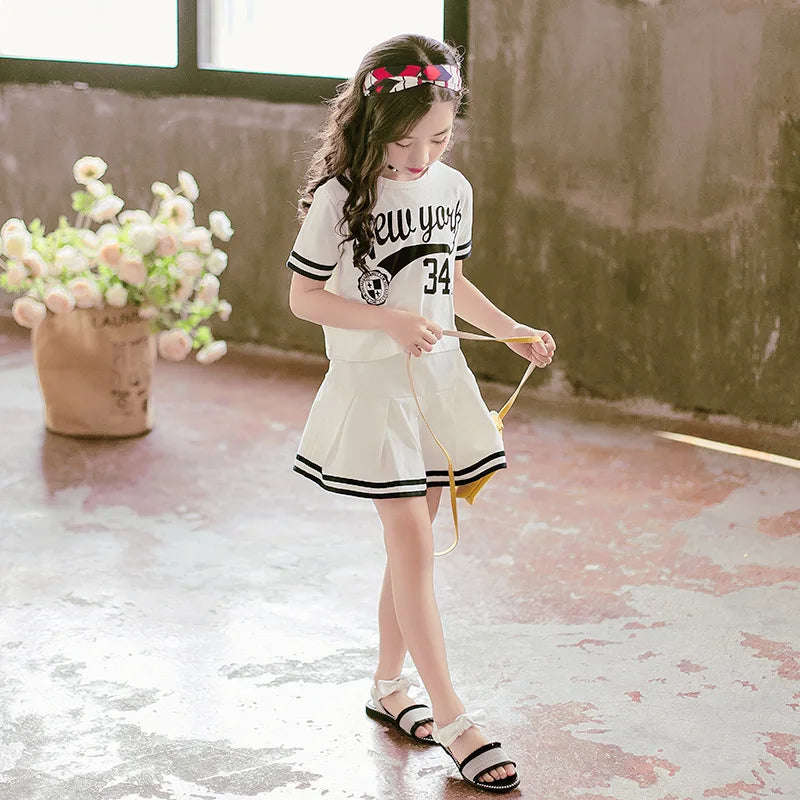 Summer Girls Clothes Suit Short-Sleeved+A-Line Skirt 2Pcs Set College Style Jk Uniform Children Clothing Baby Tracksuits