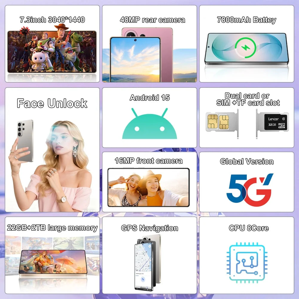 K-Touch Mobile Phones For S27 Ultra Smartphone 5G Dual Card Dual Standby Smartphone 7.3 Inch Android 15 Cell phone 16+48MP Camera 22GB+2TB 7800mAh Battery Factory Face Unlocked Cellphones