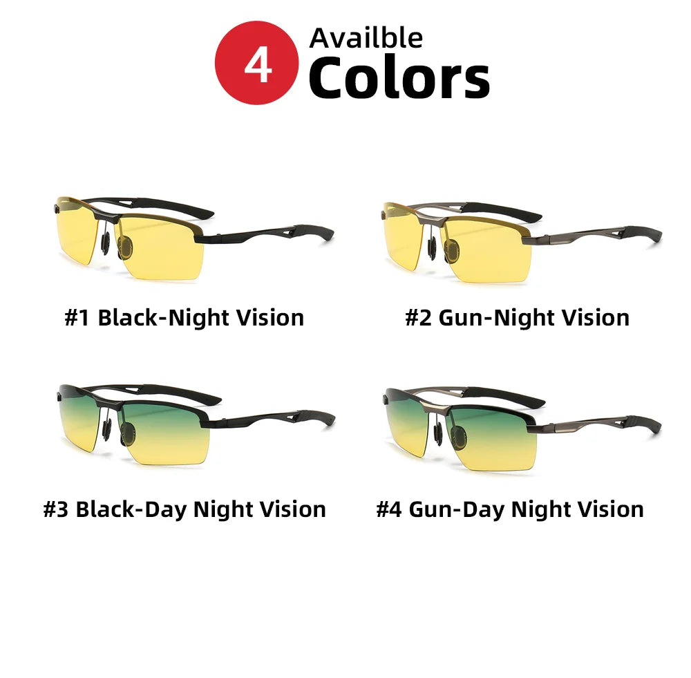 Men Day and Night Vision Glasses for Driving Yellow Polarized Lens Metal Rimless Frame UV400 Goggles Anti Glare Sunglasses