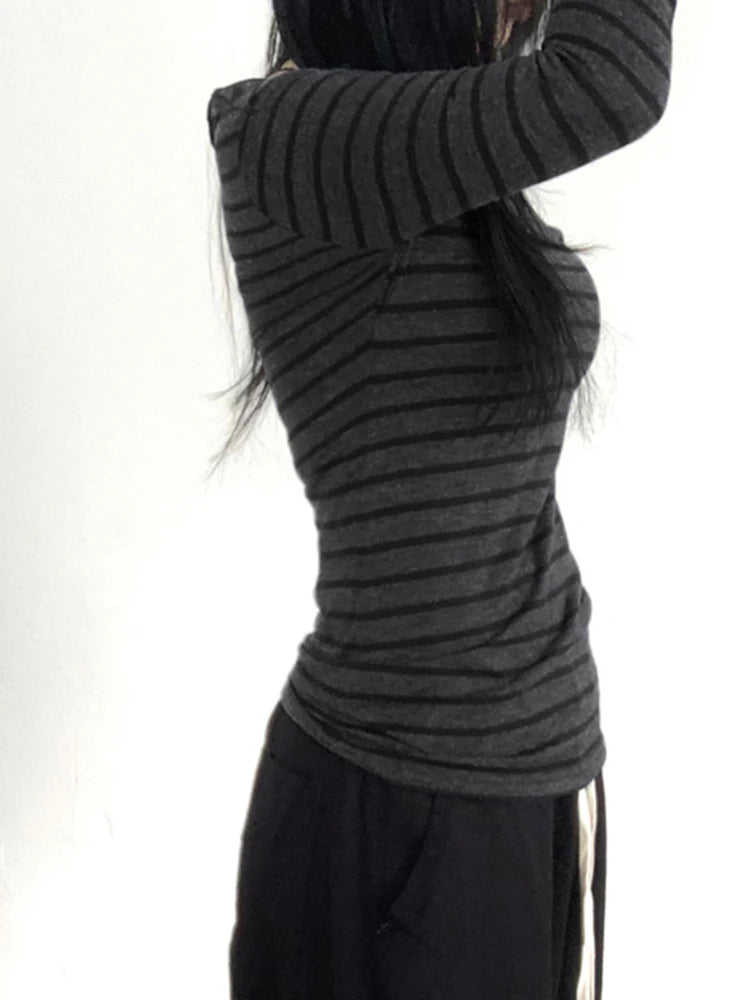 Harajuku Basic Slim Long Sleeve Stripe Tee Off Shoulder O Neck Korean Street Style Spring Autumn Y2K Women's Gray T Shirt