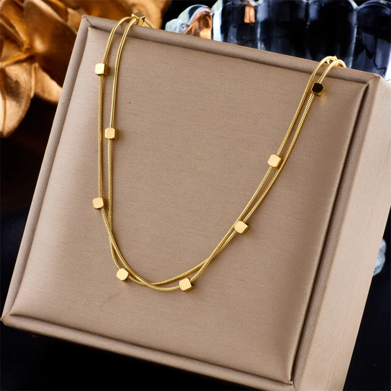 DIEYURO 316L Stainless Steel 2 In 1 Small Cube Chains Necklace For Women New Gold Silver Color Girls Choker Party Jewelry Gifts