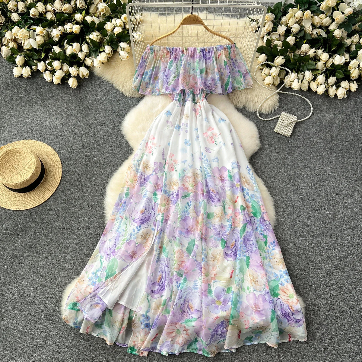 Chic Sexy Off Shoulder Print Ruffle Slash Neck Dress Fairy Print Casual A-line Dress Summer Elegant Beach Vacation Women Dresses