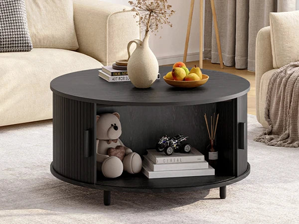 Round Coffee Table with Storage, 31.5 In Drum Coffee Table with 360° Curved Sliding Door, ModernFluted Wood Accent Coffee Tablee