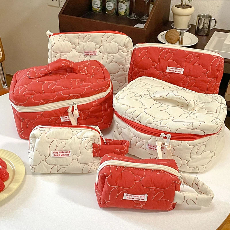 Cute Women Portable Rabbit Quilted Cotton Cosmetic Bag Handbag Lady Tote Makeup Pouch Travel Organizer Storage Bags With Zipper