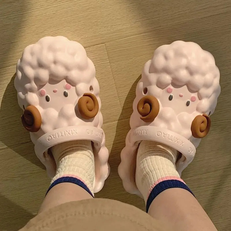 Mo Dou Women's Home Slippers Soft EVA Sandals Non-slip Toe-wrapped Lovely Cartoon Sheep for Men Cozy Parent-child Breathable
