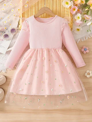 Girls' Autumn Floral Dress, Ribbed Long‑sleeve Spliced with Daisy Embroidery and Tulle Skirt, Gentle‑style Princess Dress for Gi