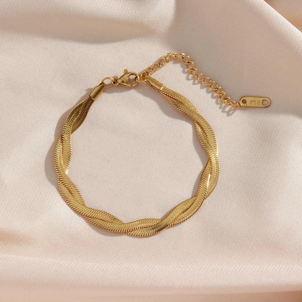 Gold Plated Waterproof Braided New Herringbone Chain Necklace Bracelets Set Wholesale Stainless Steel Jewelry For Women