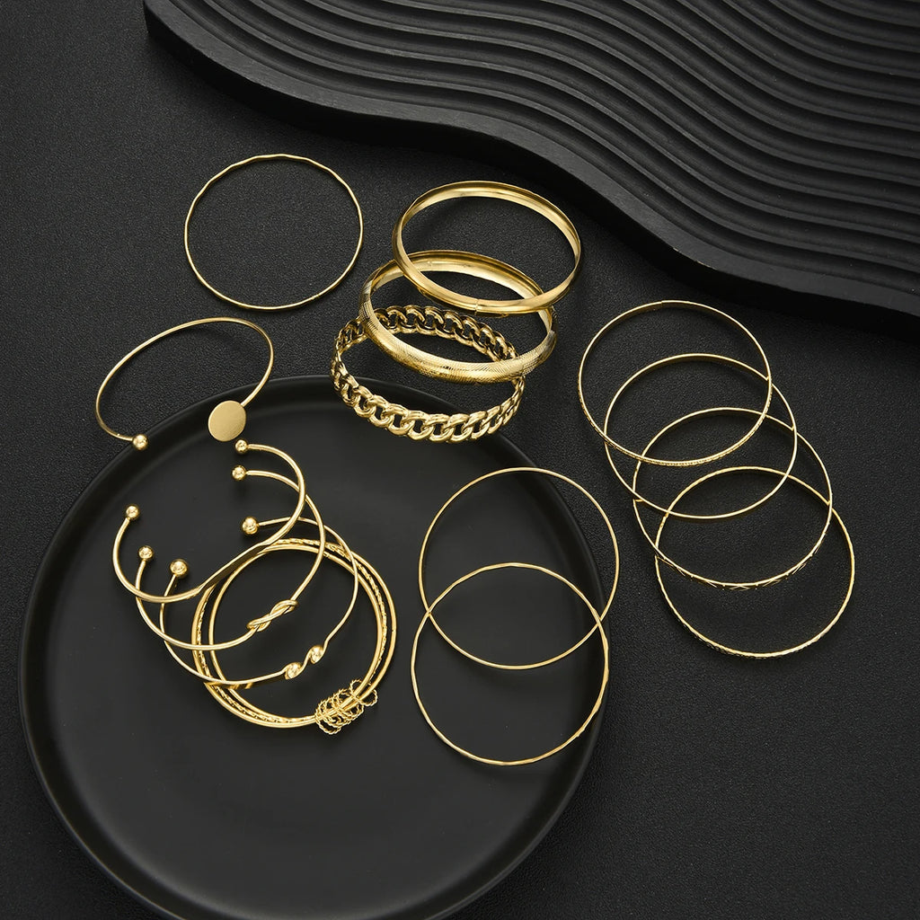 Boho Chic Gold Color Minimalist Bracelets Set for Women Retro Hip Hop Geometric Stackable Bracelet Daily Wear Party Jewelry Gift