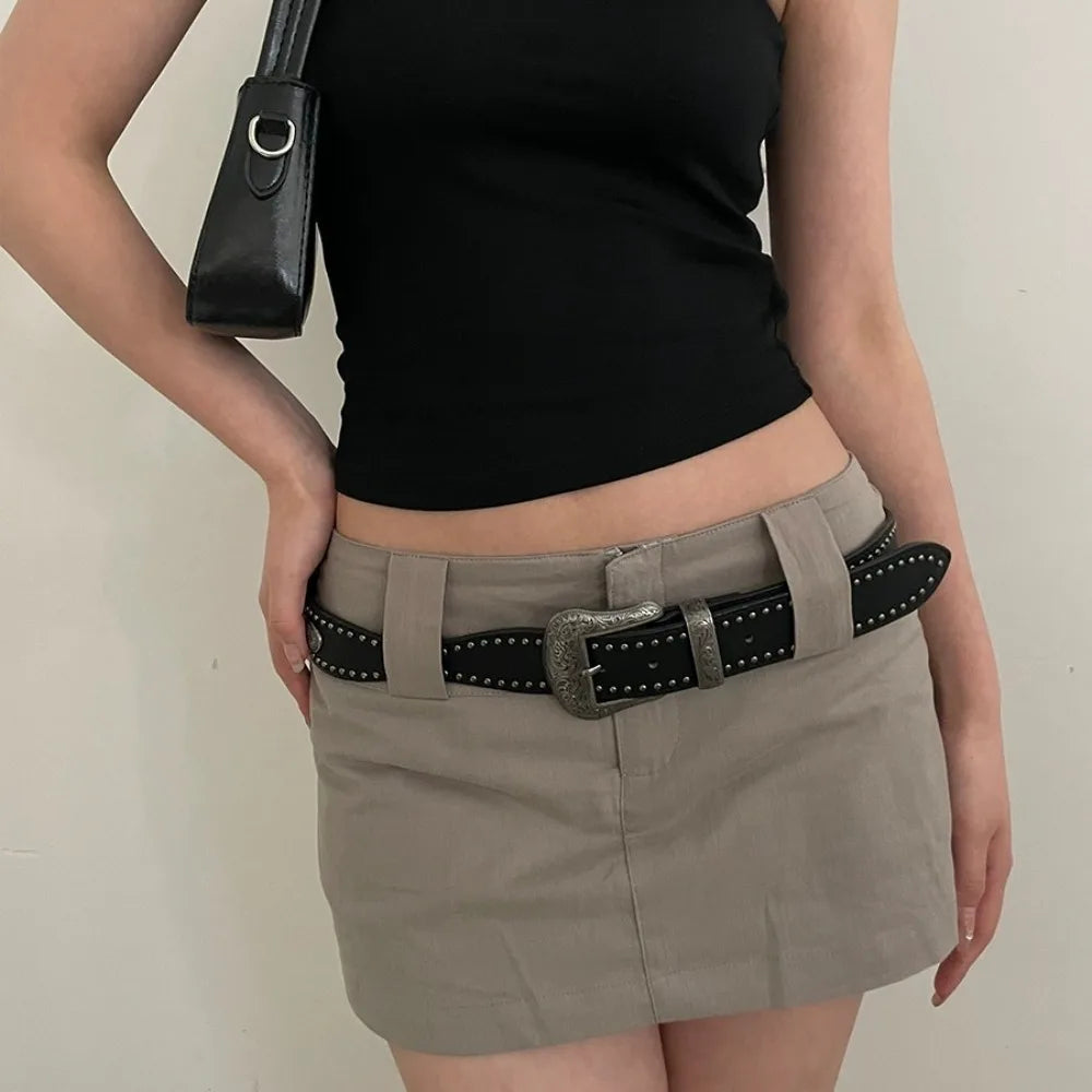 Strap Buckle Cool Black Rivet Belt American Style Wide PU Vintage Waistband Adjustable Alloy Coffee Y2K Belt Waist Seal