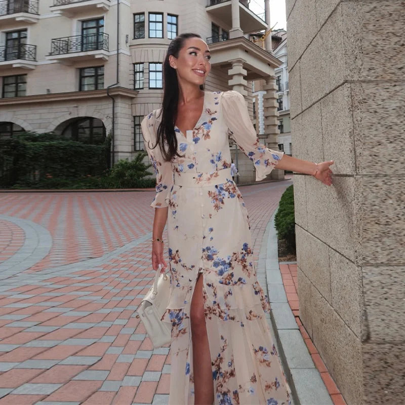 Organza Floral Printed Maxi Dress V-neck Puff Sleeve 2026 Spring/summer Romantic Women Party Gown Fashion Elegant Lady Vestido