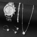 6PCS/Set Women's Watch Fashion Silver Steel Band Analog Quartz Watches Diamond Jewelry Set（Without Box）