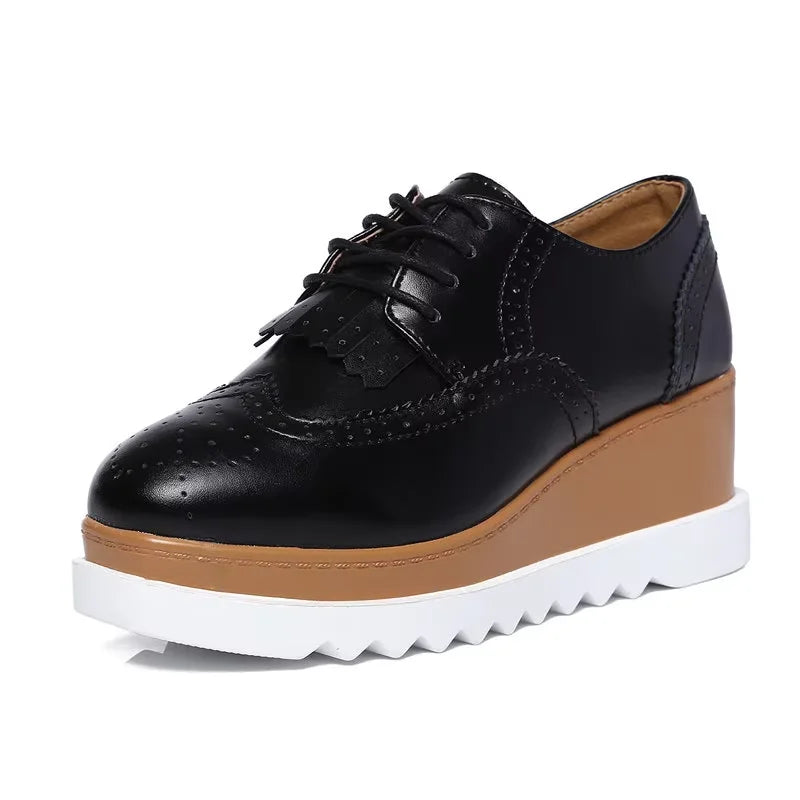 EOFK Spring Autumn Women Derby Platform Flats Brogue Leather Lace up Classic Bullock Footwear Gold Female Oxford Shoes Lady