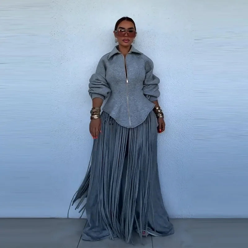 Fashion Tassels Hem Women's Coat Trouser Suit Long Sleeve Waist-Closed Turn-Down Collar Wide Leg Pant 2026 Autumn Chic Lady Set