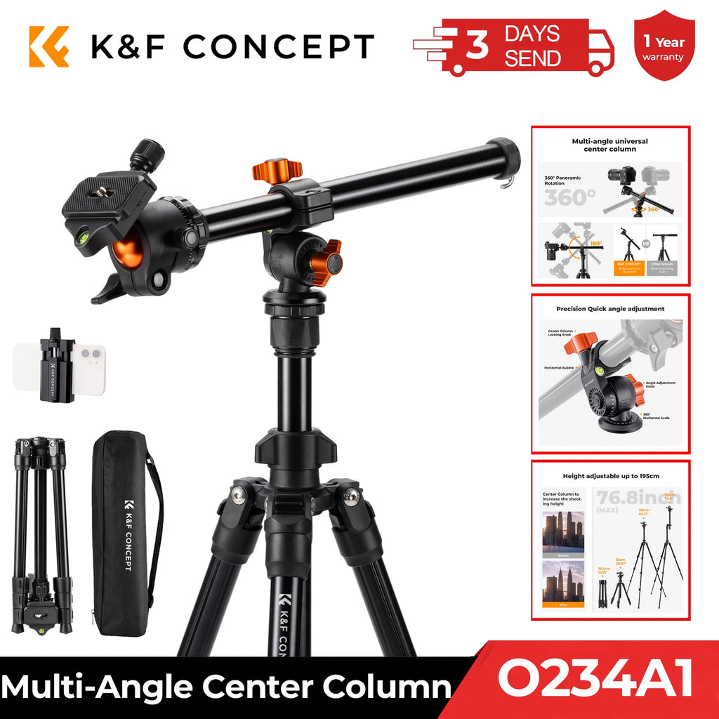 K&F CONCEPT Camera Tripod Rotatable 76.7 inch Multi-Angle Center Column Lightweight Travel DSLR 8kg/17.6lbs Load BallHead Tripod