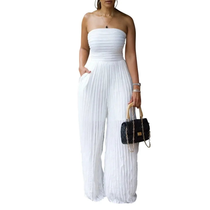 Strapless Sleeveless Wide Leg Jumpsuit Elegance Highlights the Collarbone Strapless Design Long Rompers High Waisted Jumpsuits
