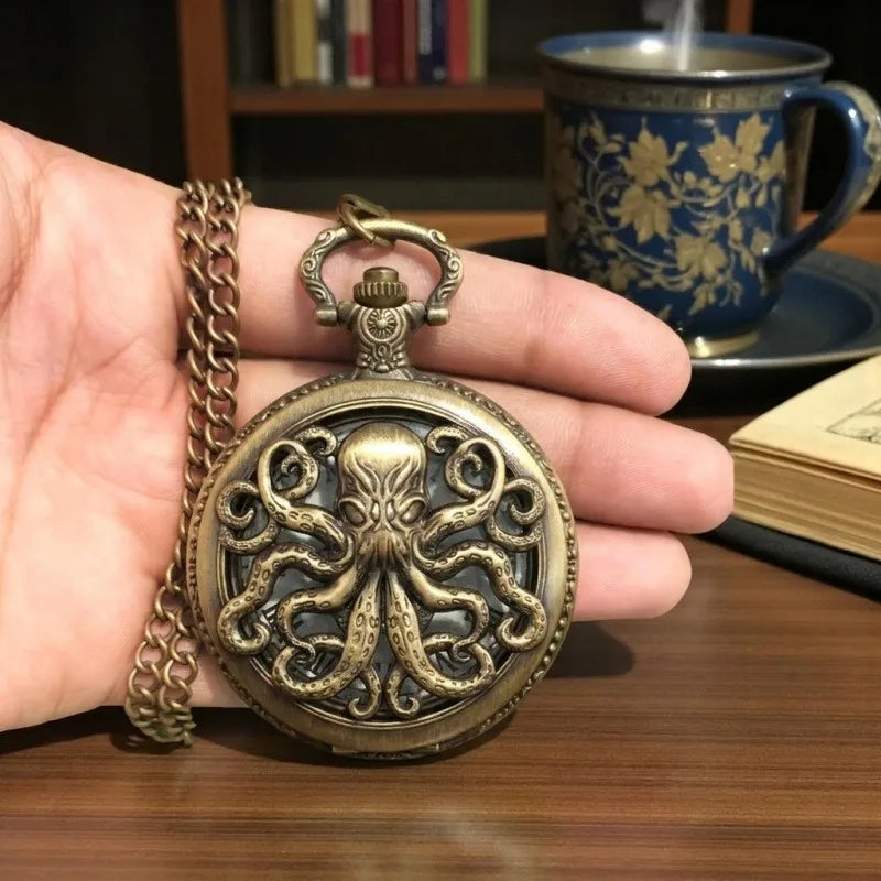Retro Bronze Octopus Pocket Watch Necklace Vintage Steampunk Quartz Timepiece Gift for Him